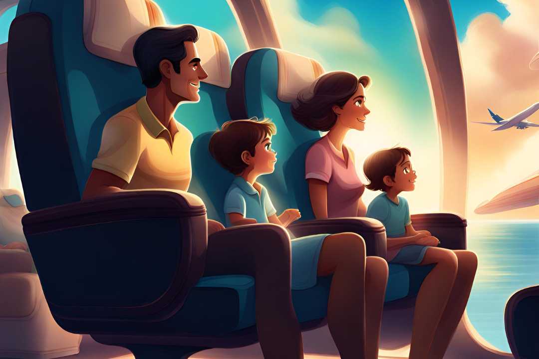 A family in their seats on a plane all looking out the window as they come in to land at a sunny island resort all booked by Valhalla Travel