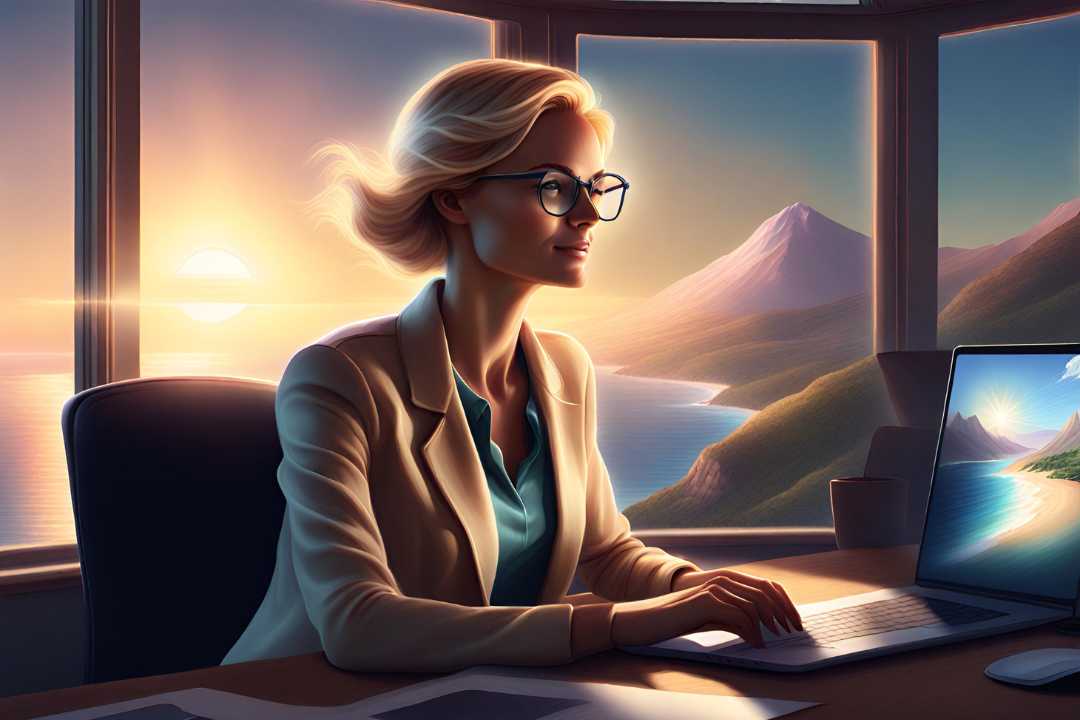A photo realistic image of a blonde female Valhalla Travel consultant working at a laptop at a desk in front off window with a view of the sunshine and beach and a mountain in the background