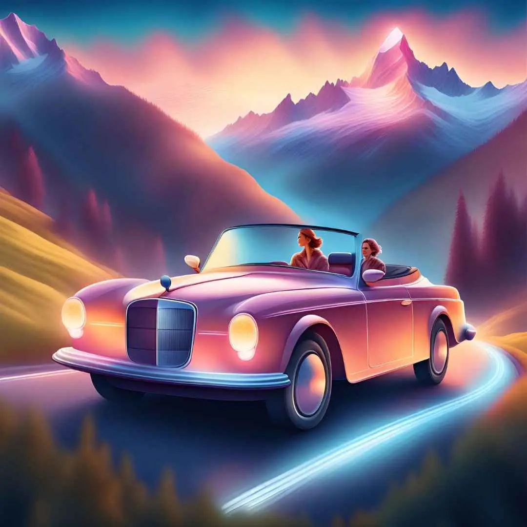 an ai image of a couple in a fancy convertible hire car driving through the swiss alps Valhalla Travel Car and Motorhome hire